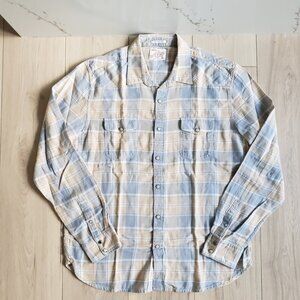 Lucky Brand Plaid Shirt Mens L Beige Blue Western Snap Button California Fit